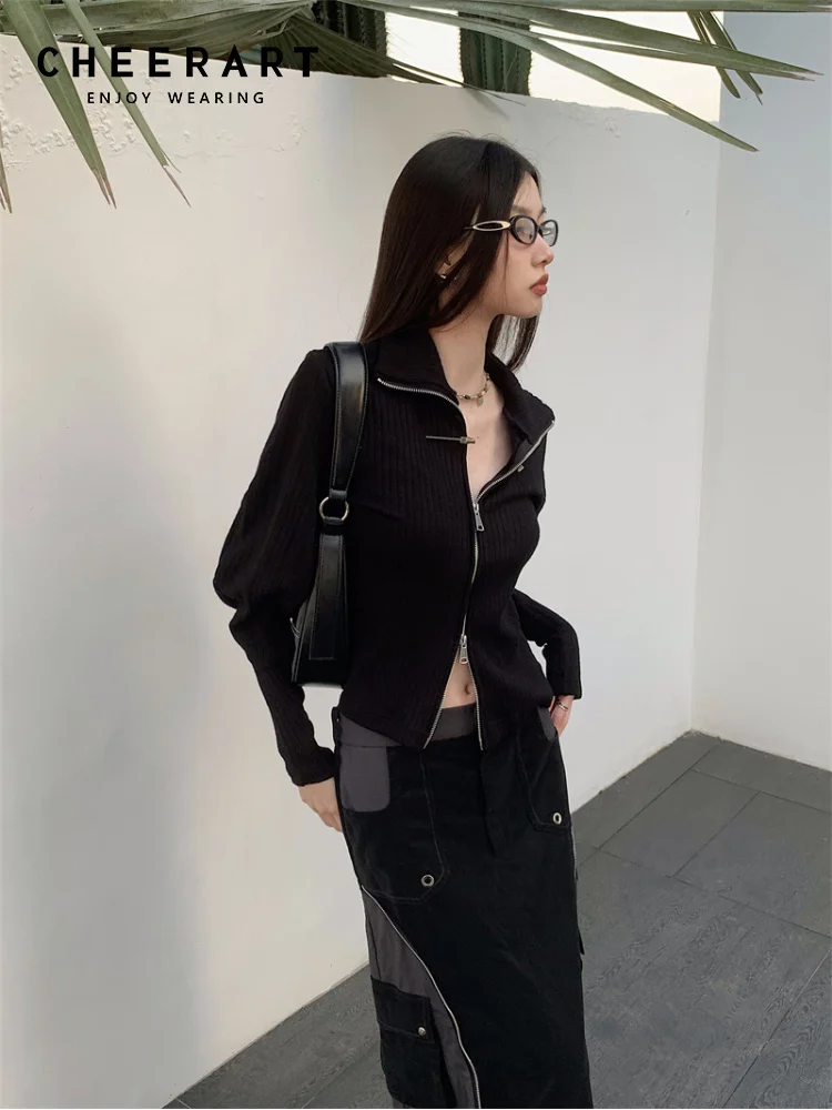 CHEERART Ribbed Black Zip Up Cardigans Sweaters For Women 2023 Winter Lantern Sleeve Cropped Cardigan Fashion Knitwears