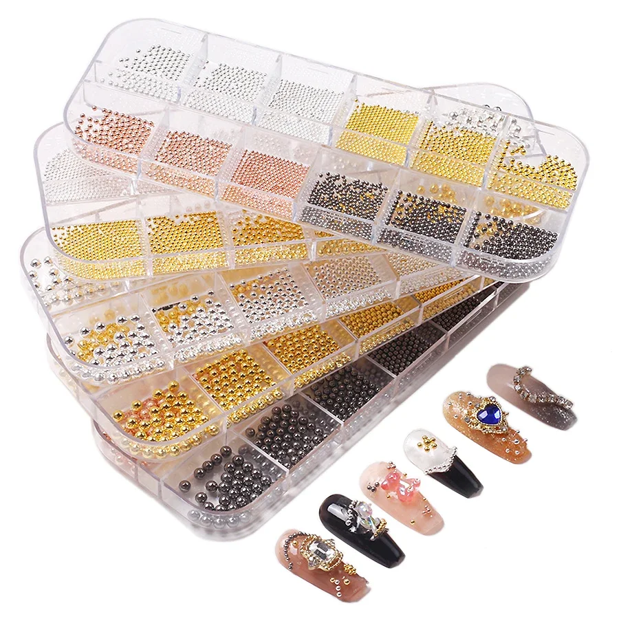 12 حجرة من خرز الكافيار المعدني لفن الأظافر، خرز أظافر معدني مع صندوق لتزيين الأظافر