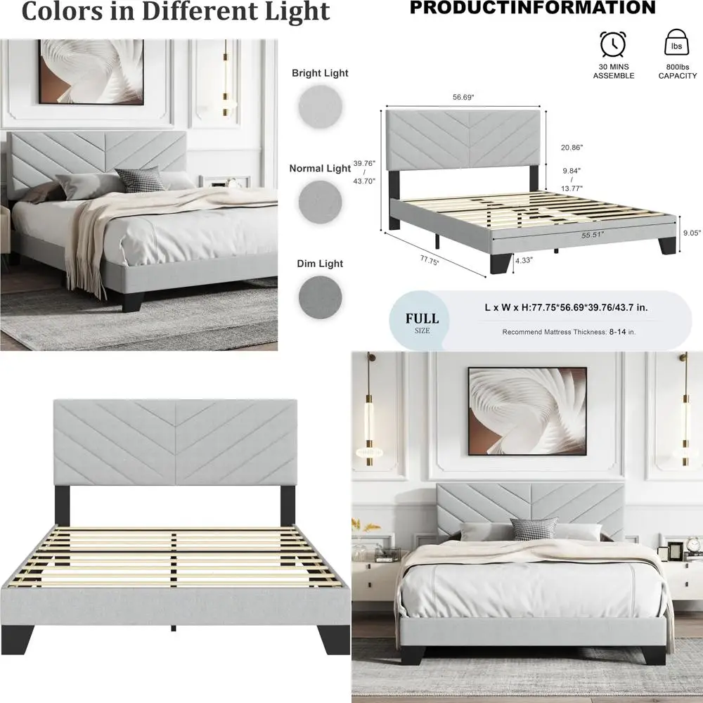 

Светло-серая кровать-платформа с обивкой и прочными деревянными ламелями - пружины не требуются, простая сборка