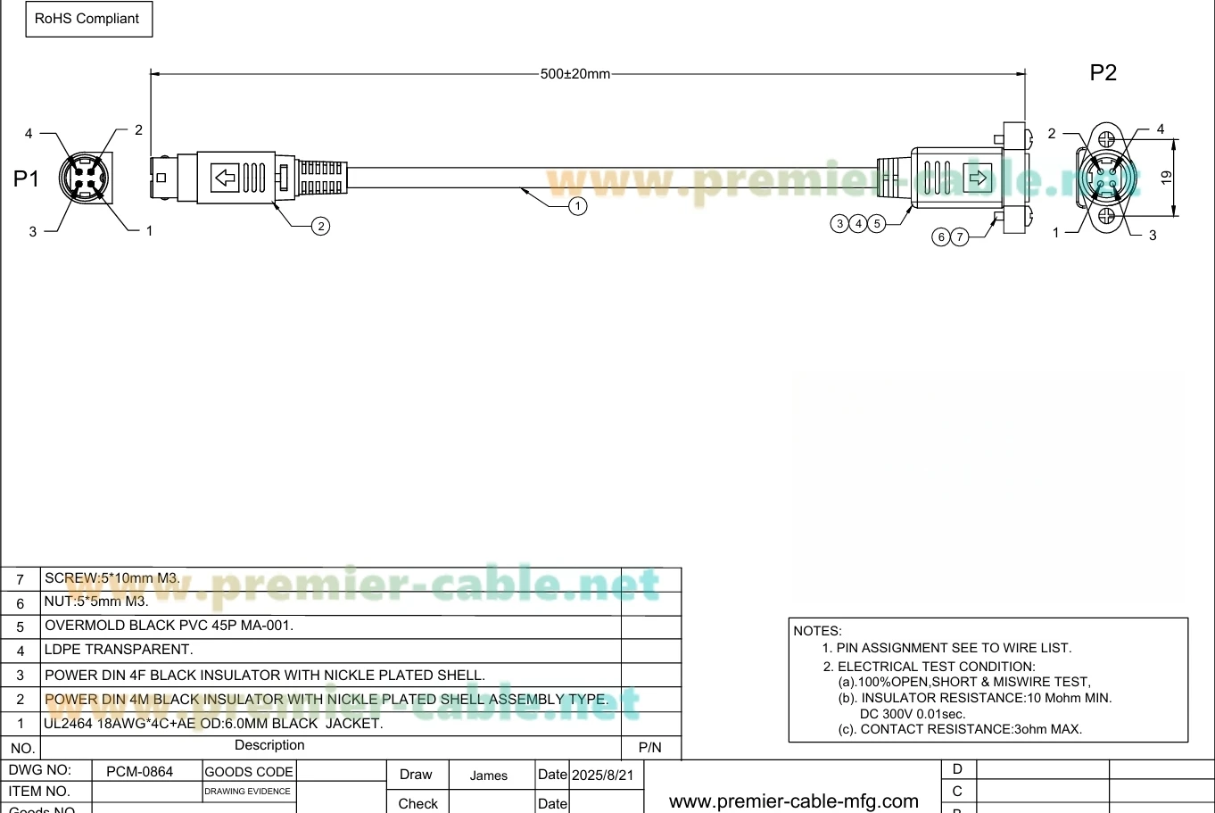 DIN 4-poliges DC-Stromkabel mit Flansch, Panelmontage, Stecker auf Buchse, Verlängerungskabel, kompatibel mit Kycon KPJX-PM-4S für LED-Anzeige, Audio – Detail 1