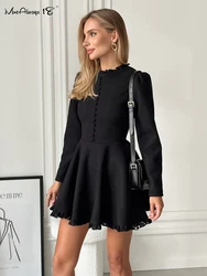 Mnealways18 Black Lace Elegant Button Dress O-Neck Elegant Long Sleeve A-Line Slim Dress Spring 2024 Office Ladies Mini Dresses