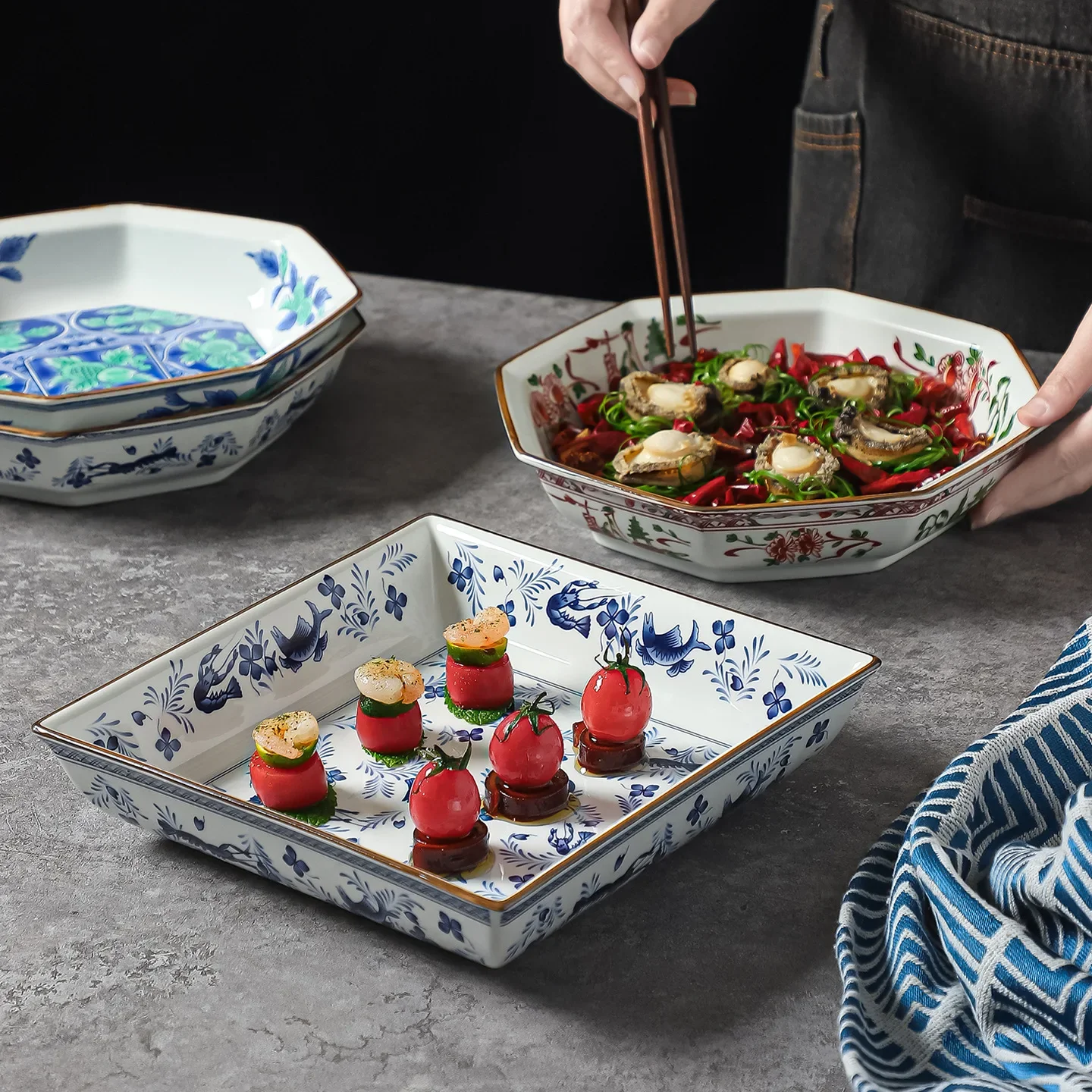 Retro Underglaze Color Ceramic Deep Plate Japanese Cuisine  Sashimi  Square  Hotel Cold Dish Creative