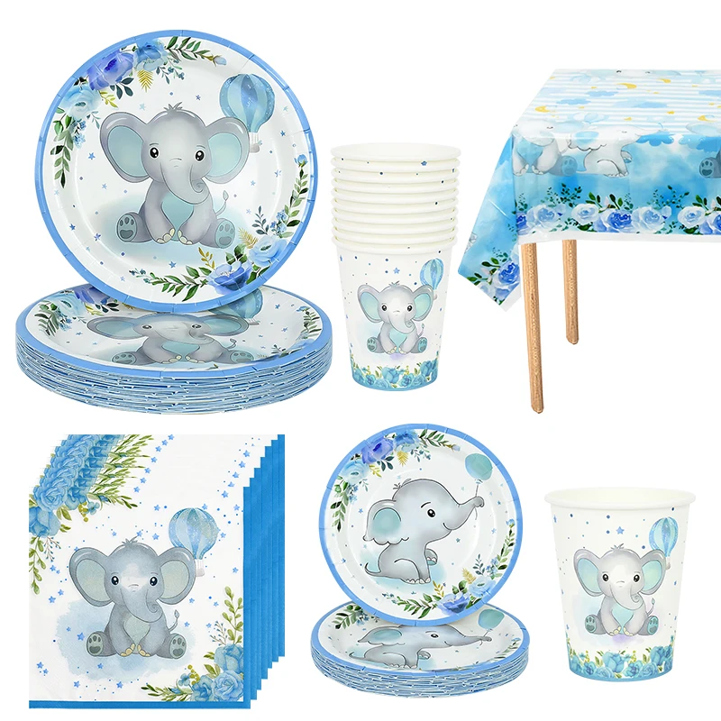 Blue Baby Elephant Disposable Tableware Tablecloth Paper Plate Napkins for Baby Shower Decorations Gender Reveal Party Supplies