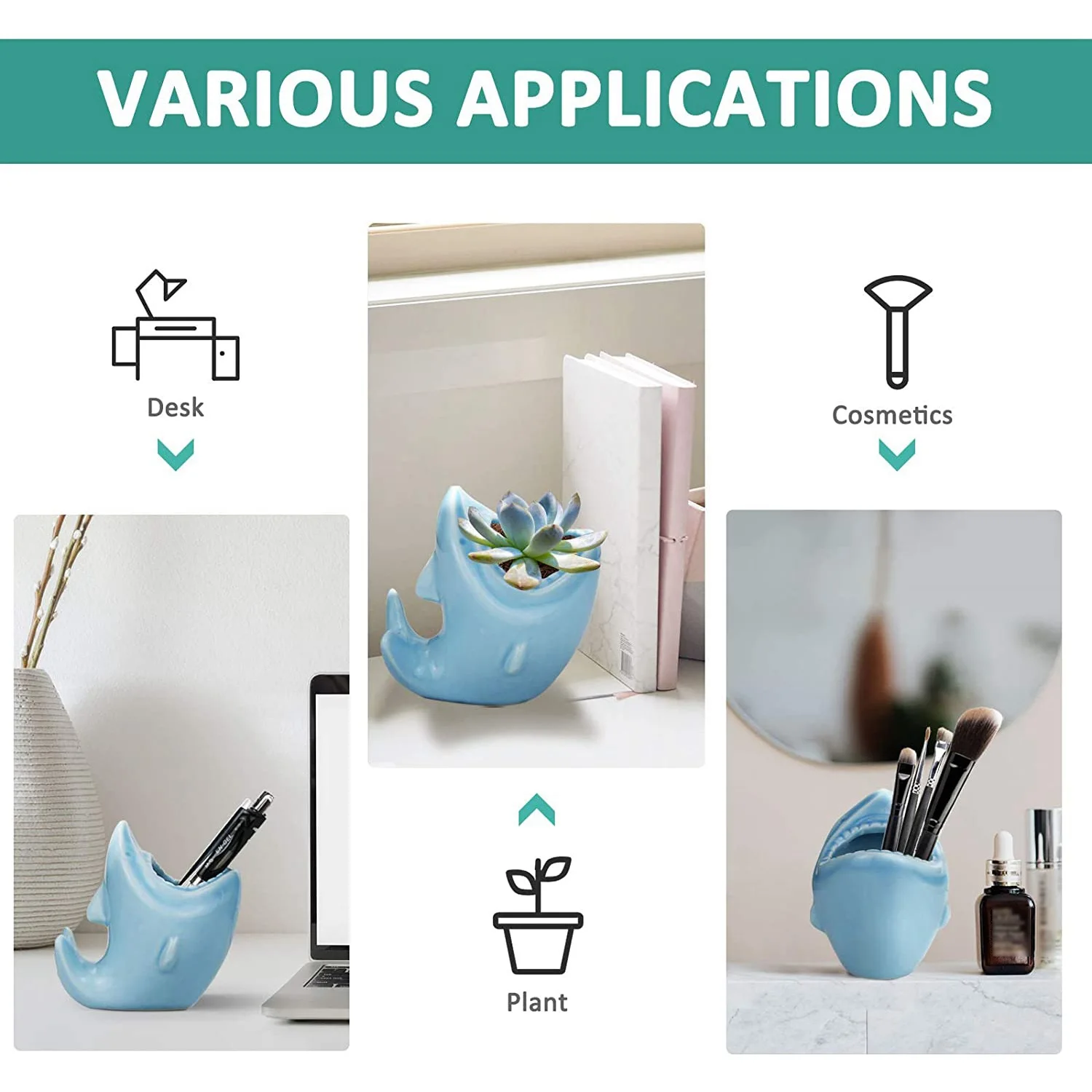 Cute Pen Pencil Holder for Desk Organizer Shark Shaped Ceramic Succulent Planter Pots for Home Office Decoration (Blue)