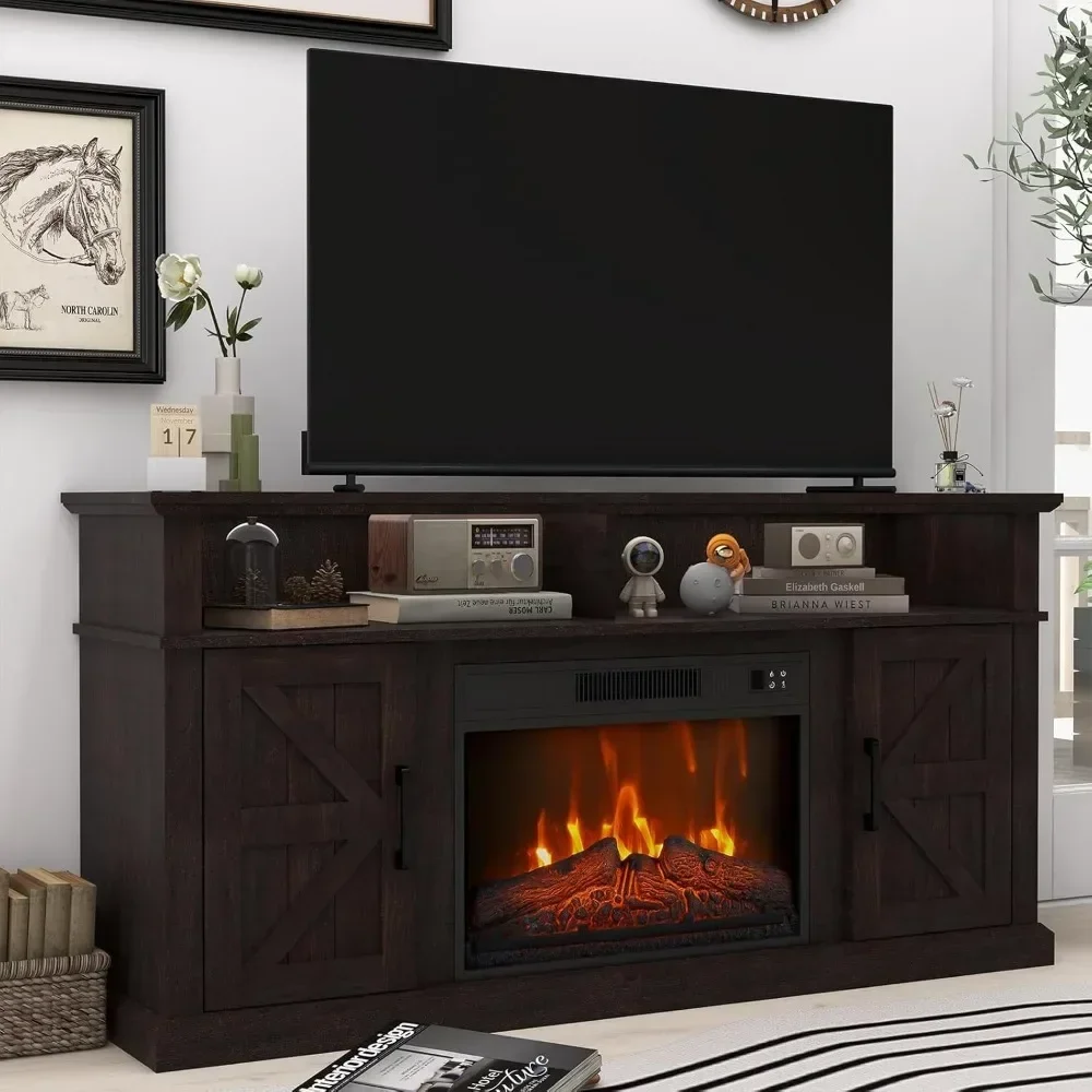 

Electric Fireplace for TVs Up To 65" with Storage Cabinet and Open Shelves Media with Barn Doors Fireplace TV Stand Console