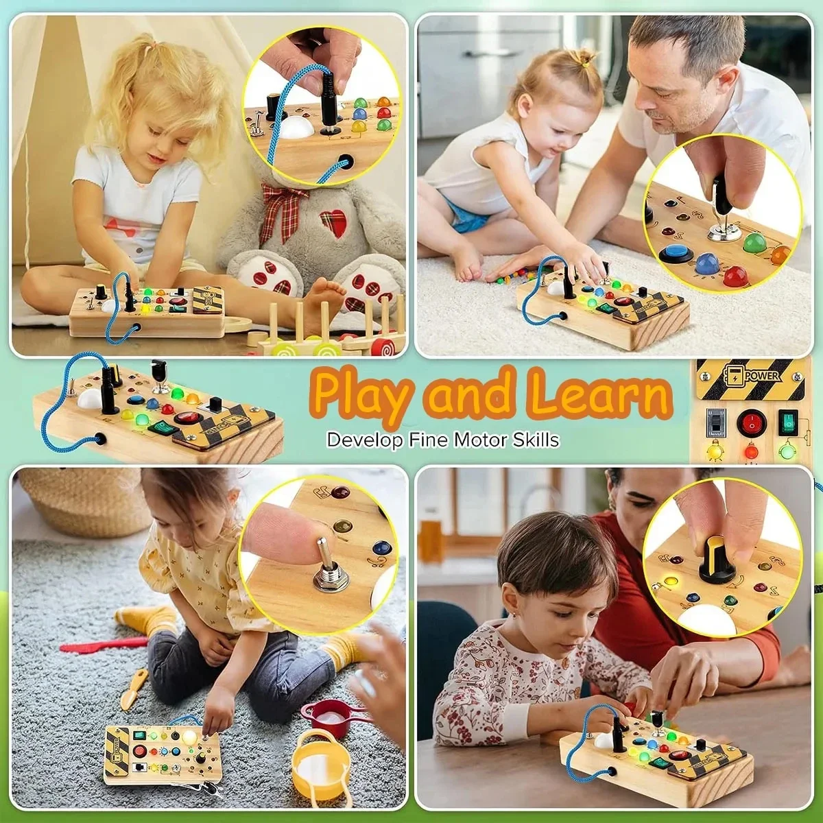 Educação Infantil Montessori Brinquedos para Crianças, De Madeira, Luz LED, Interruptor de Soquete, Placa Básica, Hands-On, Viagem, Atividades