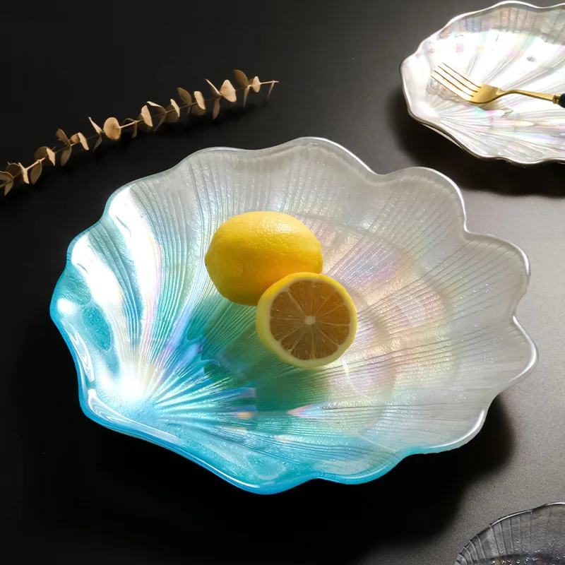 Nordic Blue Sea Shells Decorative Storage Tray, Glass Plate, Jewelry Trinket Dish, Necklace Storage Tray