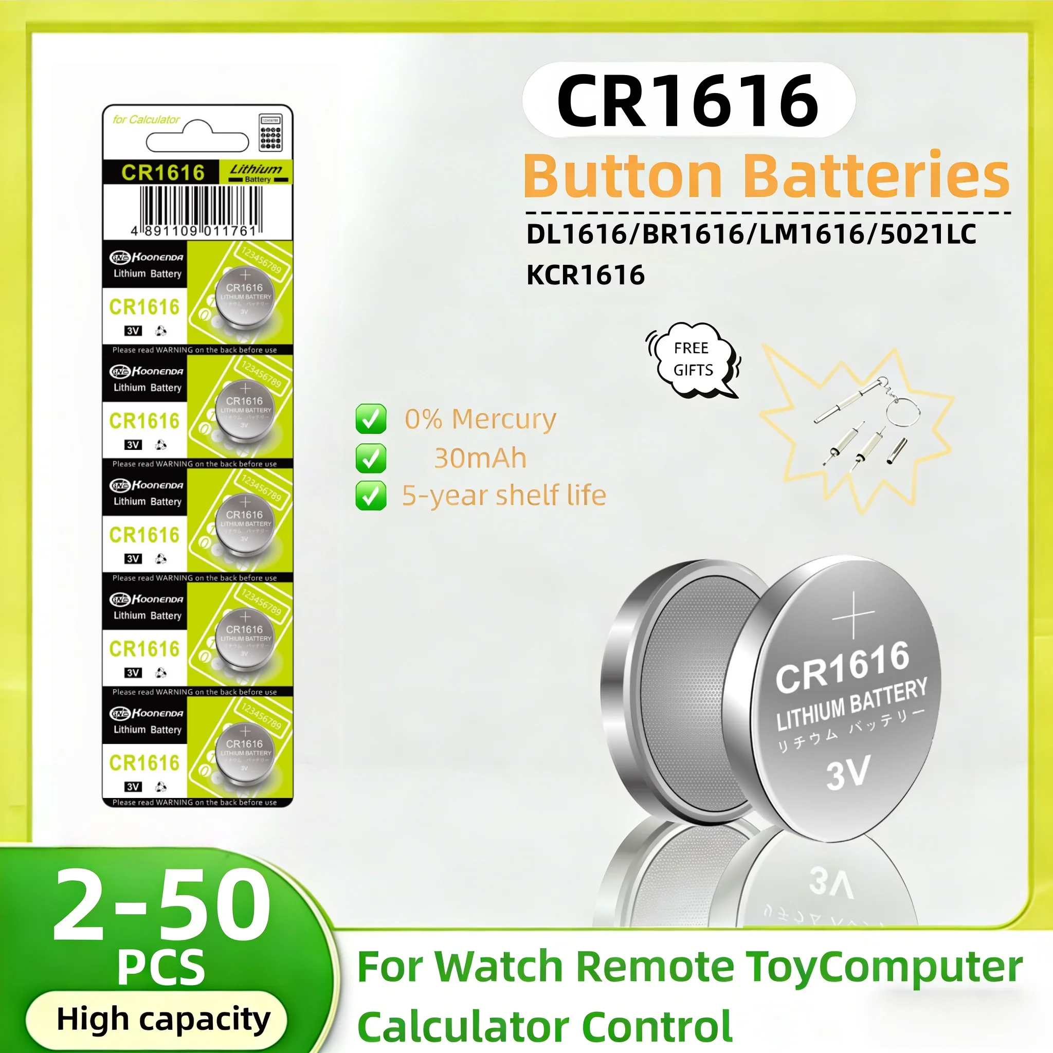 

CR1616 3V Lithium Button Cell Battery for Watch, Calculator, Car Key, 2-50PCS, LM1616 DL1616 BR1616 Replacement