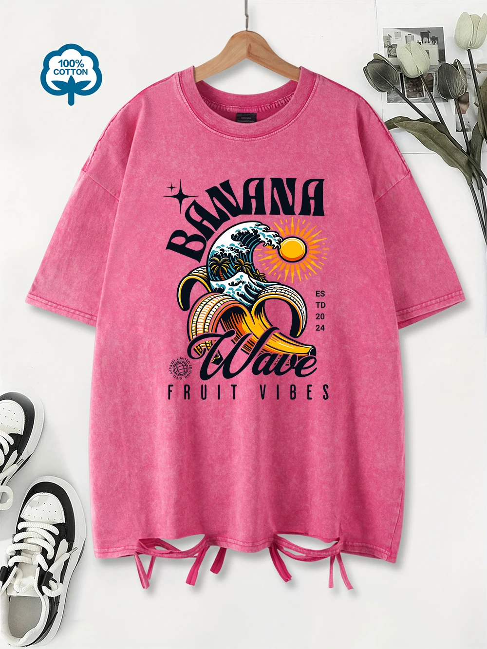 

Oversized Washed T-Shirts Womens Cotton Banana Wave Fruit Vibes Prints T Shirts Summer Comfortable O-Neck Tops Vintage Clothes