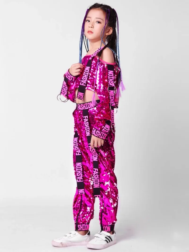 Children Jazz Girl Hip Hop Dance Costumes Children Red Silver Sequin Coat Pants Kids Street Dancing Clothing Ballroom Stage Wear