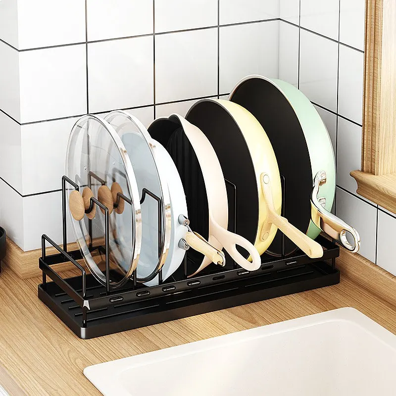 Adjustable Dish Rack with Drain Tray, Pot Lid & Pan Organizer, Space Saving Shelf