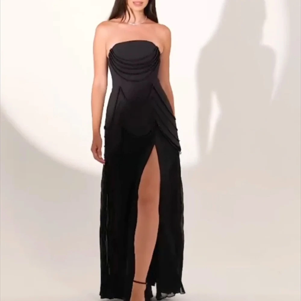 

Black Prom Dresses Customized Strapless Beading Jersey A Line Evening Dress Sexy Thigh Slit Prom Gowns 2025