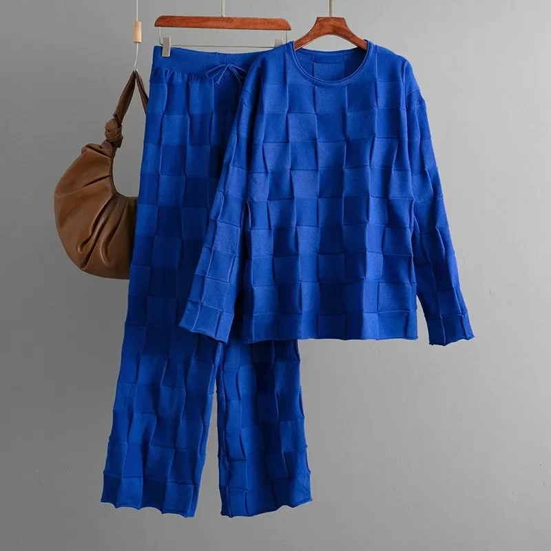 

Women's Retro Square Neck Knitted Two Piece Set Spring Casual Long Sleeve Sweater with Drawstring Wide Leg Pants Outfit