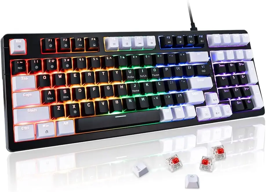 

Wired Mechanical Gaming Keyboard, RGB 19-Modes, Hot-Swappable Red Tactile Switch, USB-C, PBT Keycaps, Compact 98-Key, Black