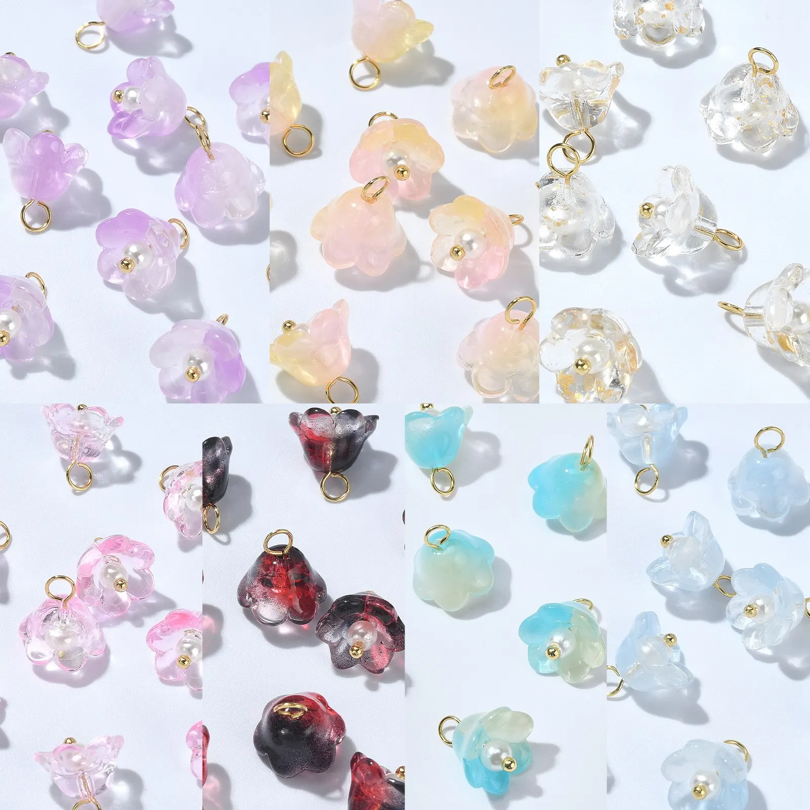 35Pcs 7 Colors Lampwork Glass Lily of the Valley Charms Glass Flower Beads with Plastic Round Beads Charms for Jewelry Making
