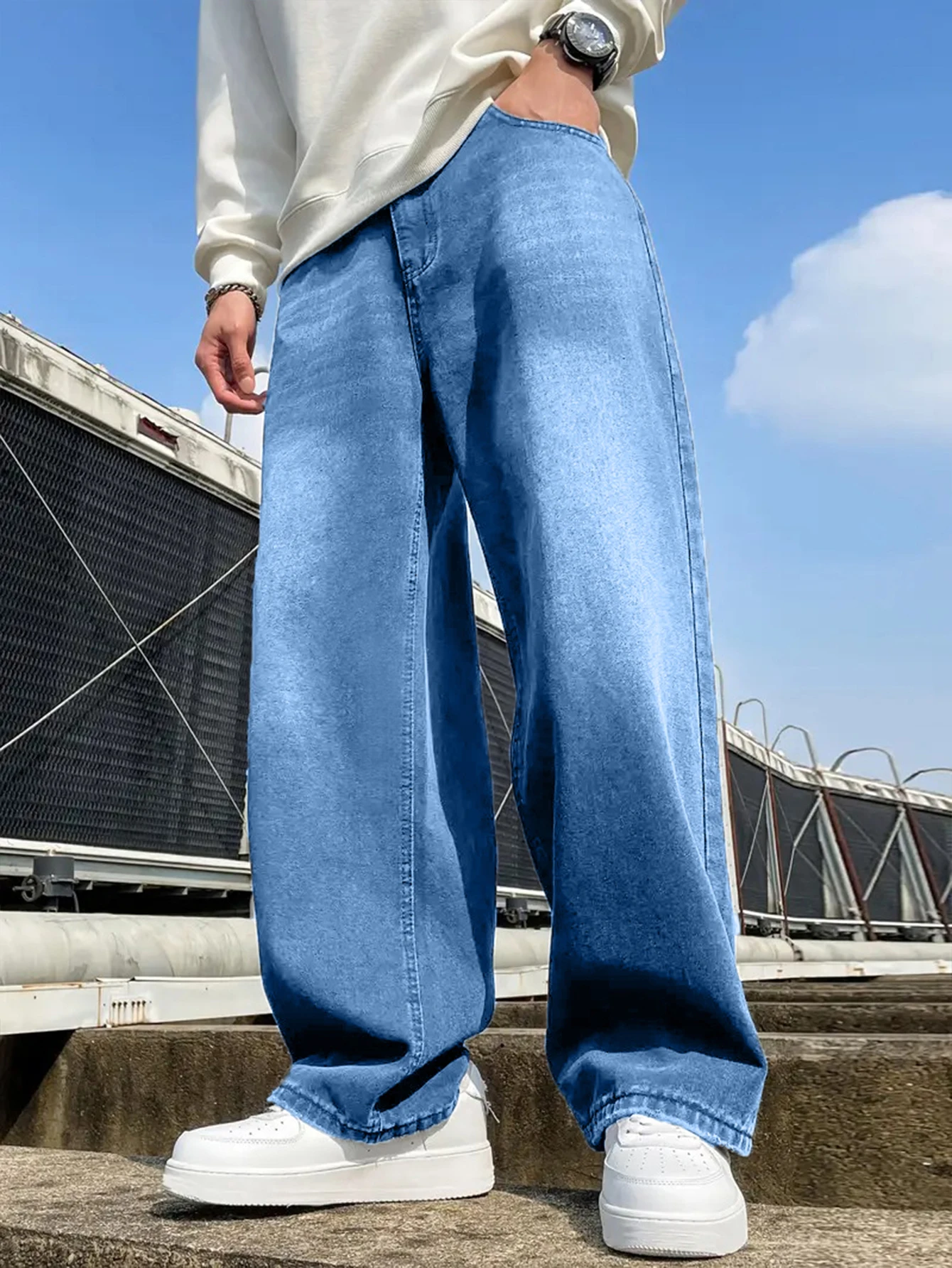 

1Pc Men's Daily Travel Casual American Street Loose Jeans, Black, Light Blue, Sea Blue Fashion Street Style Retro Lantern Jeans Jeans Denim Pants