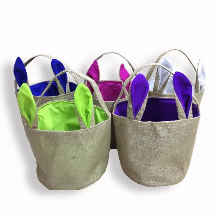 50pcs Bunny Ear Burlap Bags Easter Baskets Bag Tote Jute Easter Bunny Buckets with Bunny Ears SN4184