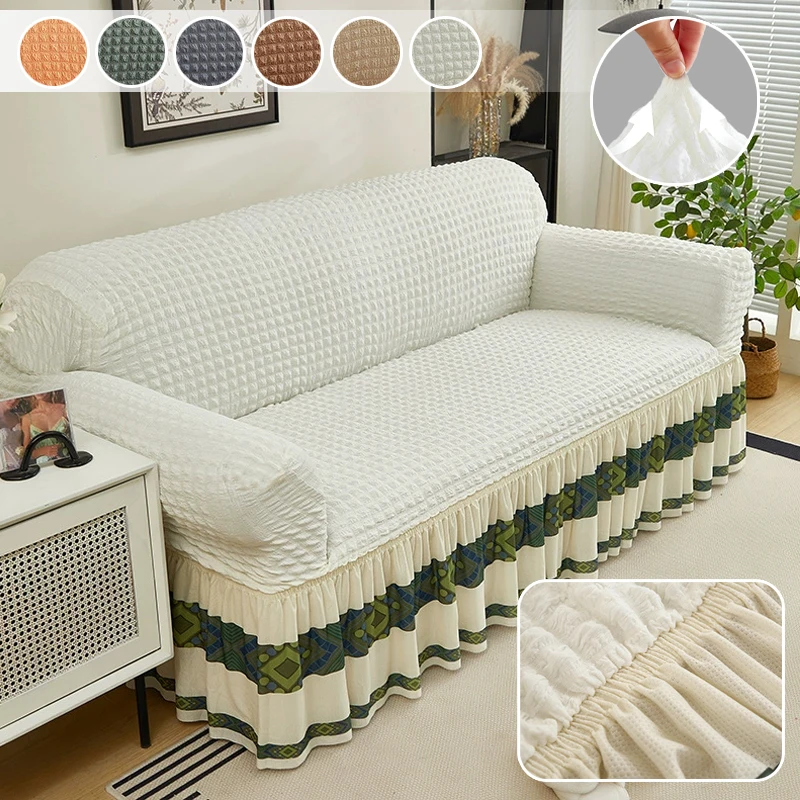 

All Inclusive Bubble Grid Sofa Cover Universal Fit with Skirt High Elasticity Easy Install for Living Room Furniture Protector