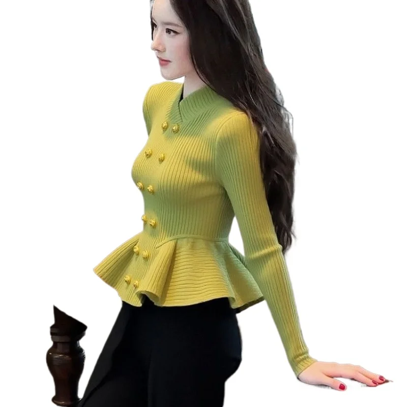 Green Knitted Sweater Fall Winter New Unique Super Good-looking Fashionable Foreign-style Lotus Leaf Edge Waist Bottom Top Women