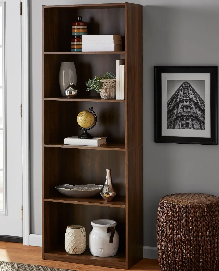 

NEW 5-Shelf Bookcase with Adjustable Shelves, Canyon Walnut NEW USA