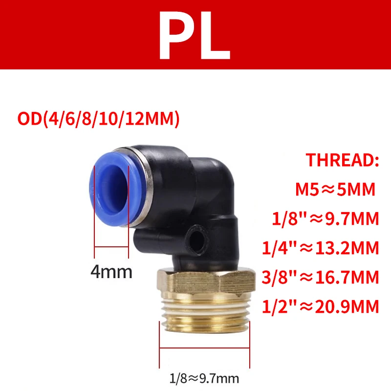 Connecteur rapide pneumatique Push-In, 4mm, 6mm, 8mm, 10mm, 12mm, tuyau, raccord d'air, filetage de tuyau, PC, PCF, SL, PL, PB, Béventuelles T, 1/8, 1/4, 3/8, 1/2