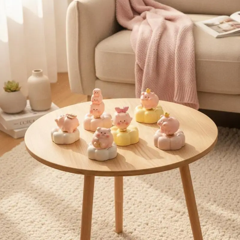 Creative Resin Pink Pig Figurine Stackable Pig Rotating Pig With Bearing Flower Base Desktop Ornament