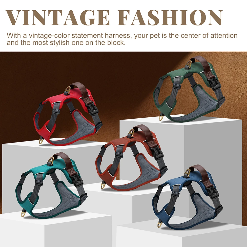 Vintage-Hundegeschirr, langlebiges PU-Leder, Hundegeschirre, atmungsaktive Haustierweste mit Kontrollgriff, Retro für kleine, mittelgroße und große Hunde