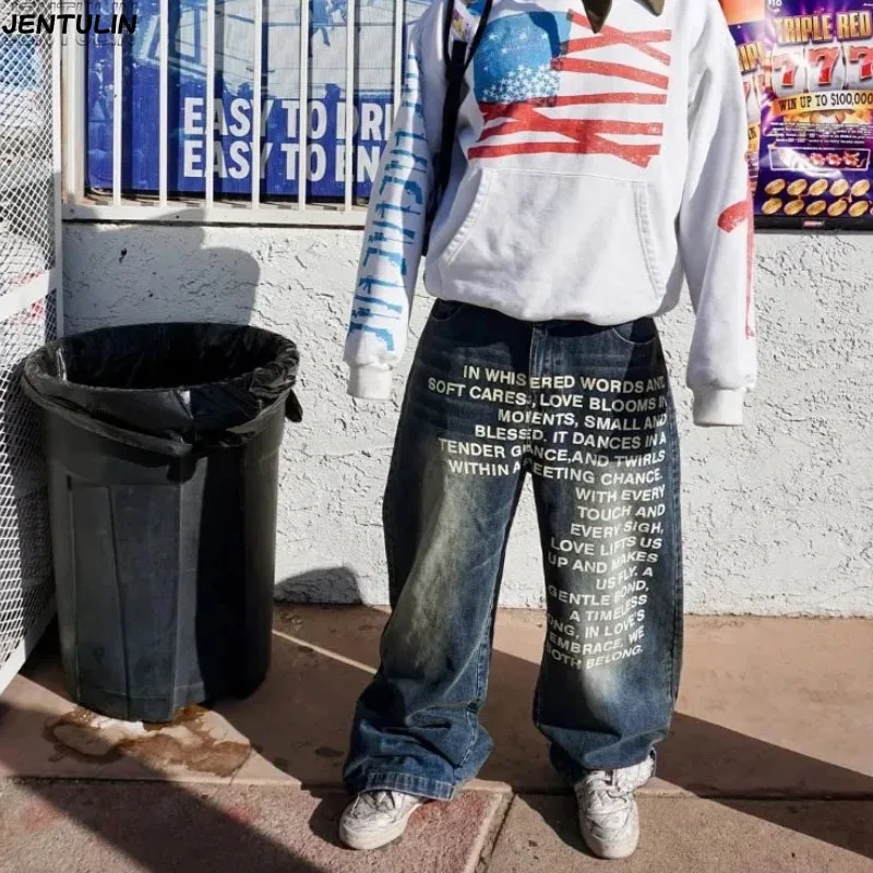 الأمريكية الرجعية منقوشة الأبجدية الرجال الجينز شخصية الشارع الملابس Y2K القوطي ملابس للرجال النساء بانت سراويل تقليدية الموضة #3
