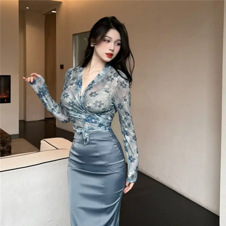 Odzież damska Garnitur Duży Rozmiar Gruby MM Seksowny Wszystkie Dopasowane Długi Rękaw Top Wysoki Rise Nowy Rybi Ogon Wrap Pośladek Długa Spódnica Dwuczęściowy Zestaw