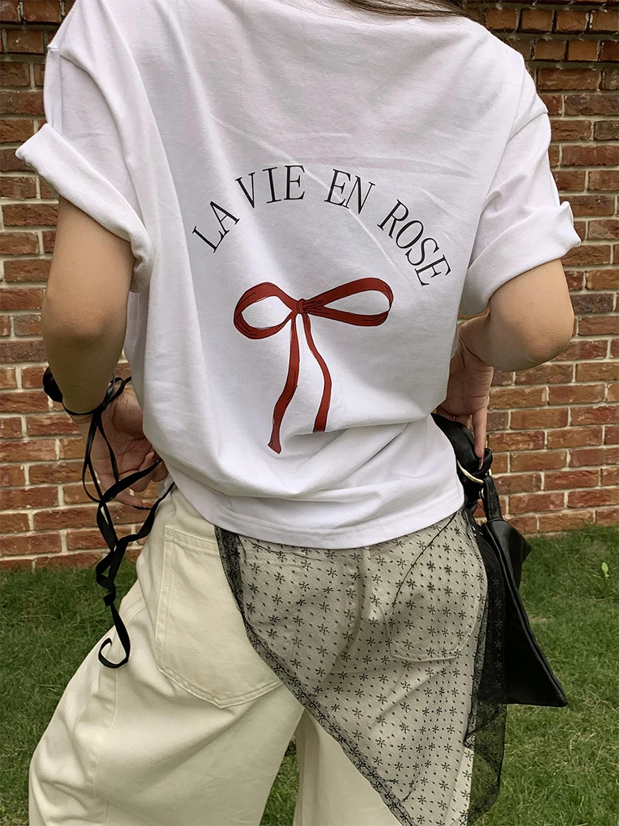 Letter Print Bow Graphic T-shirt Women Summer Round Neck Short Sleeve T-shirts Korean Fashion Casual Loose Tees Female Clothing