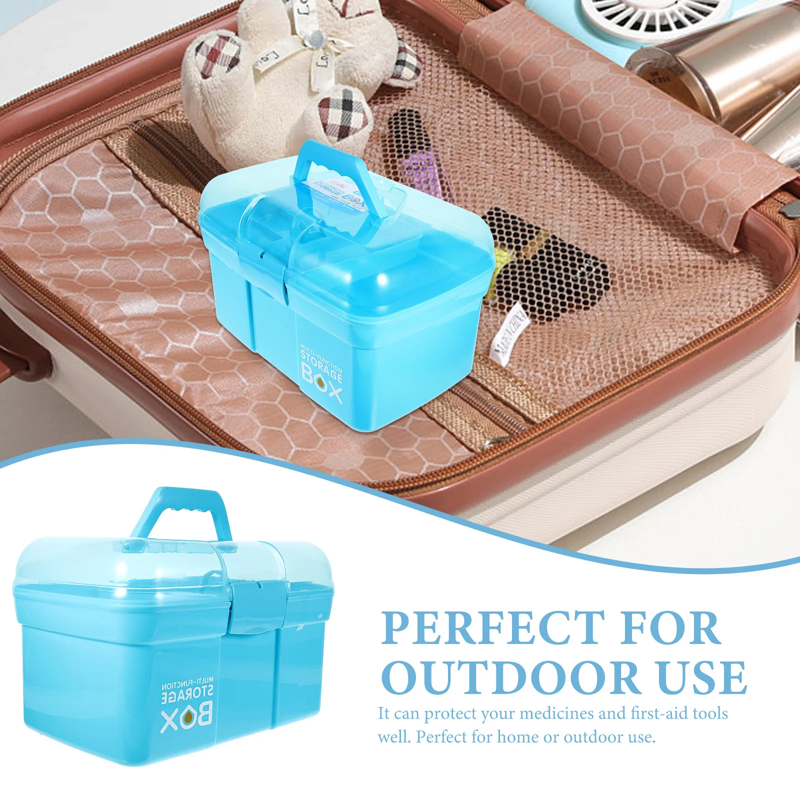 صندوق دواء 31x20x20 سنتيمتر محمول بطبقة مزدوجة منظم بلاستيكي للإسعافات الأولية حقيبة للتخزين سعة كبيرة للمنزل في الهواء الطلق أزرق