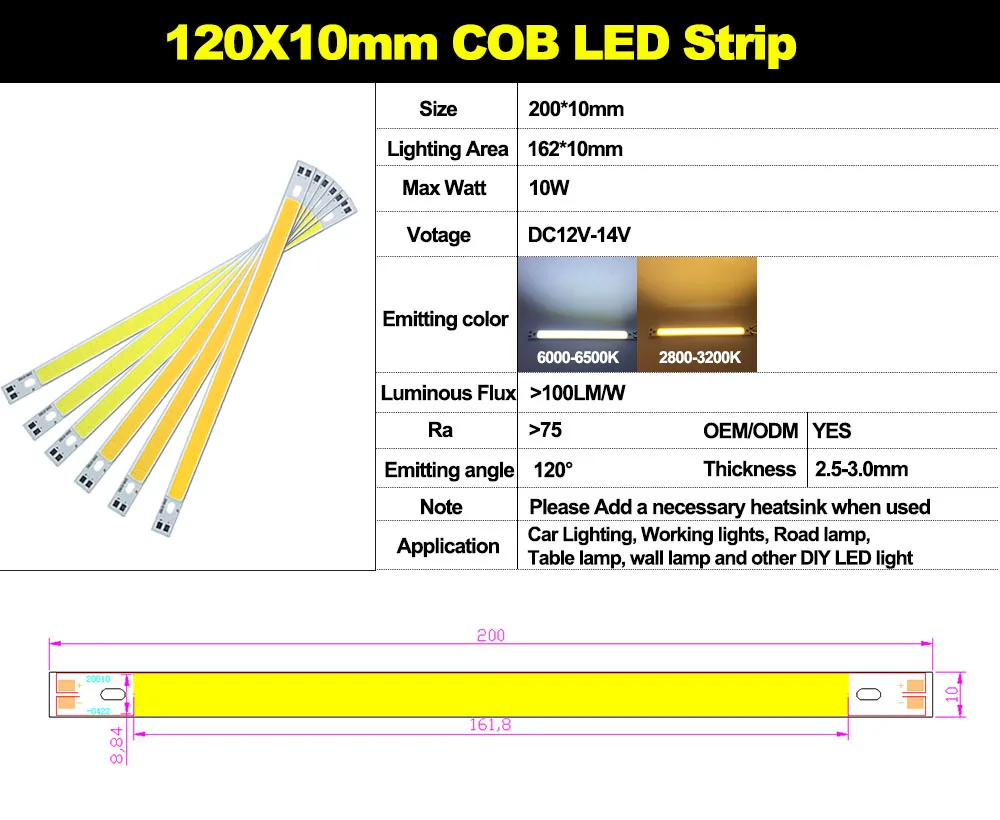 12V COB Strip Light 200x10mm or 120x10mm Light Emitting Diod 12W 6W 1000-1500LM COB LED Strip Light COB Strips Lamp White 6500K