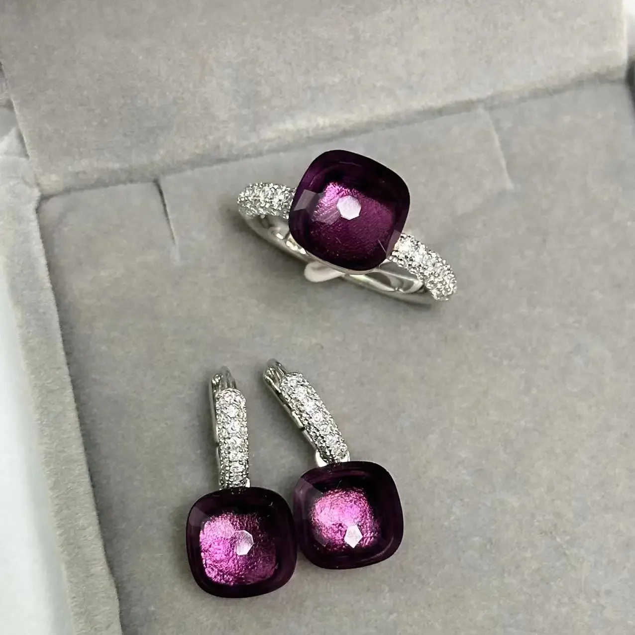 10.6mm S925 Ring and Earrings Jewelry Set Silver and Rose Gold Metal Candy Style Crystal Ring For Women Fine Jewelry Party Gift