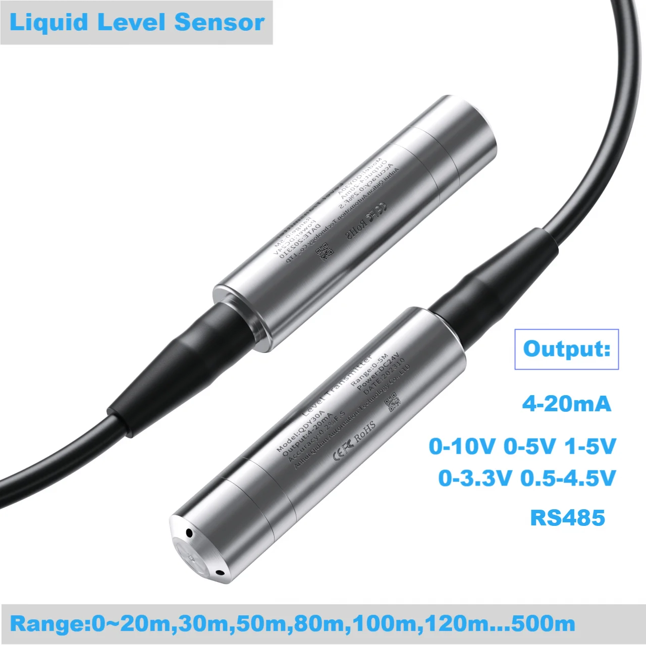 

80M Liquid Level Transmitter 65M 50M Range Water Level Transducer 4-20mA 0-10V 0-3.3V Liquid Level Sensor 35M 55M Deep Well