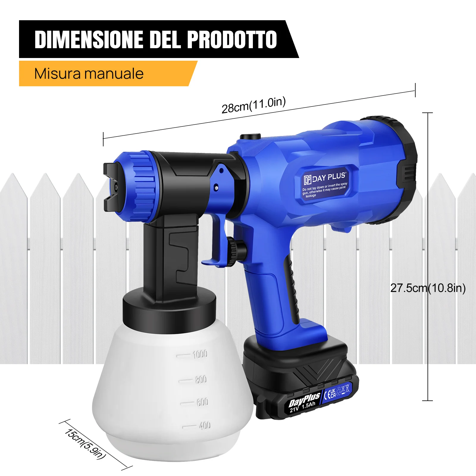 Spruzzatore di vernice a batteria, serbatoio da 1000 ml, batteria da 1500 mAh con 4 ugelli e 3 modalità di spruzzo (orizzontale/verticale/circolare) – ideale per recinzioni, pareti e mobili.