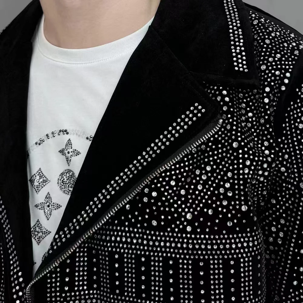 2024 New Top Quality Luxury Hot Drill Punk Club Outfit Jacket Black Rhinestones Jacket Men Jacket Coat Jaqueta Bomber Diamond