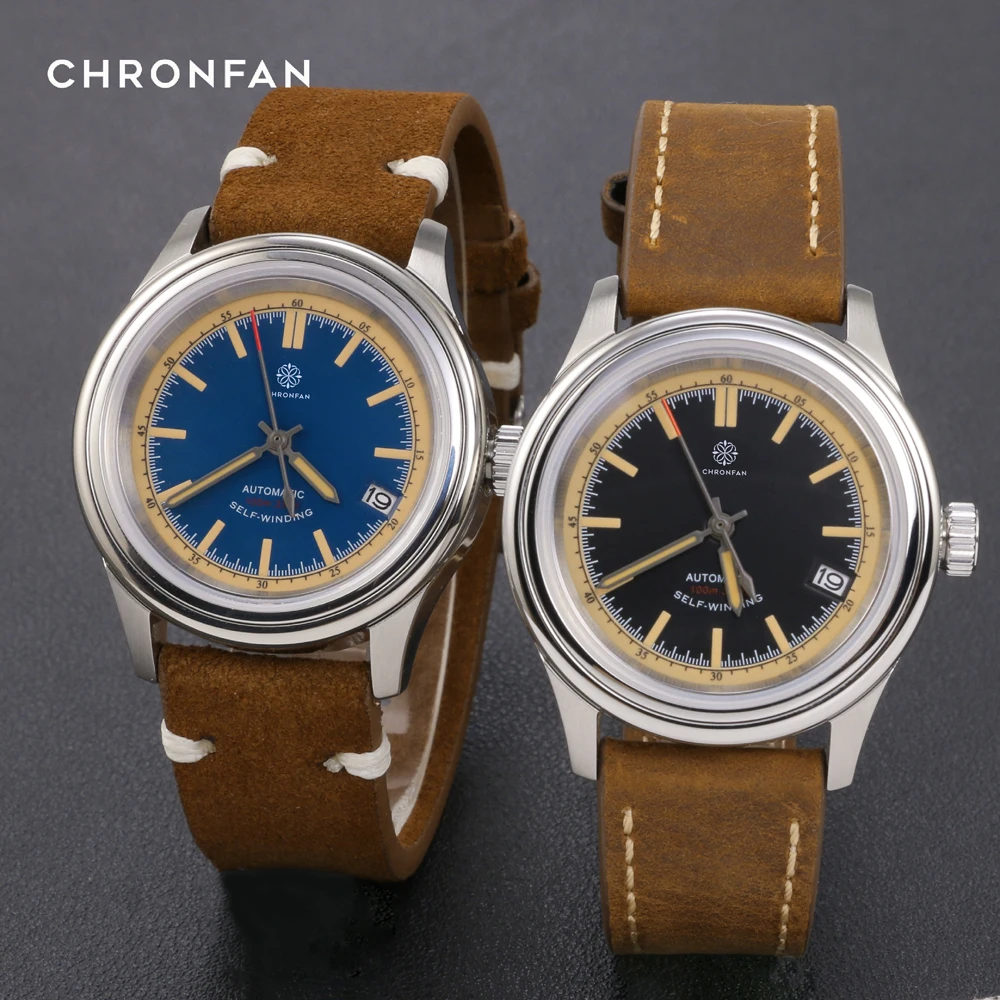New 38mm Classic Retro-Style Automatic Men's Mechanical Watch C3 Green Lume 20Bar Japan NH35 Movement Sapphire Crystal 316L