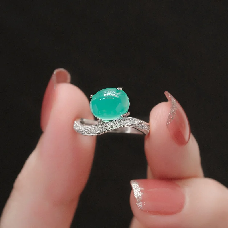Light luxury design diamond inlay natural chalcedony  rings for women charms simplicity irregular oval ring banquet jewelry
