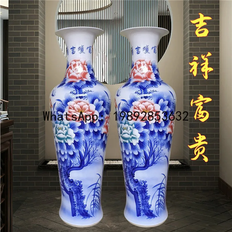 PYJ Jingdezhen ceramic hand-painted blue and white porcelain peony floor-to-ceiling large vase