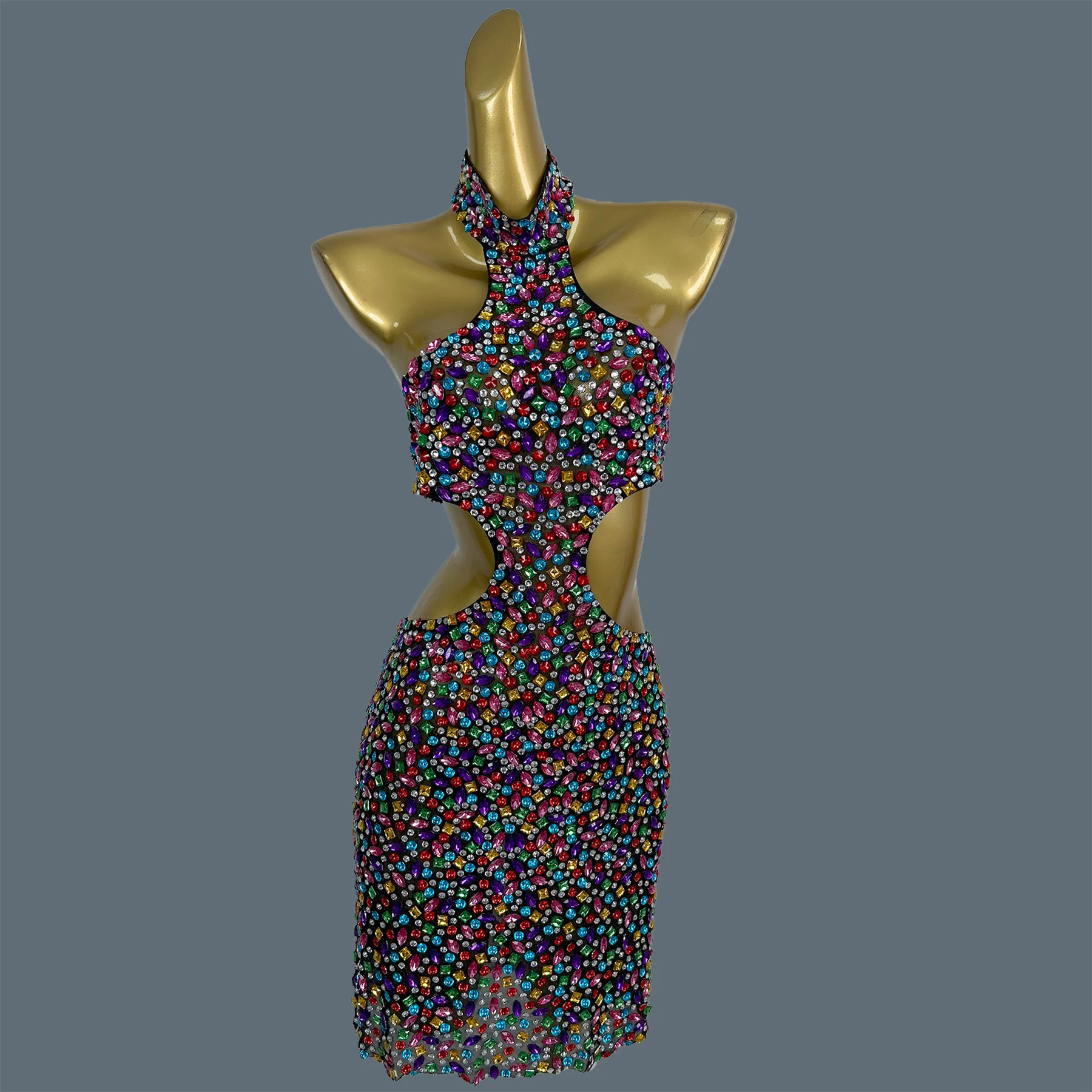 

Sexy Women Sparkly Full Colorful Rhinestone Backless Cocktail Dress Party Spicy Girl Outfit Elegant Women Event Dress Mihongdeng
