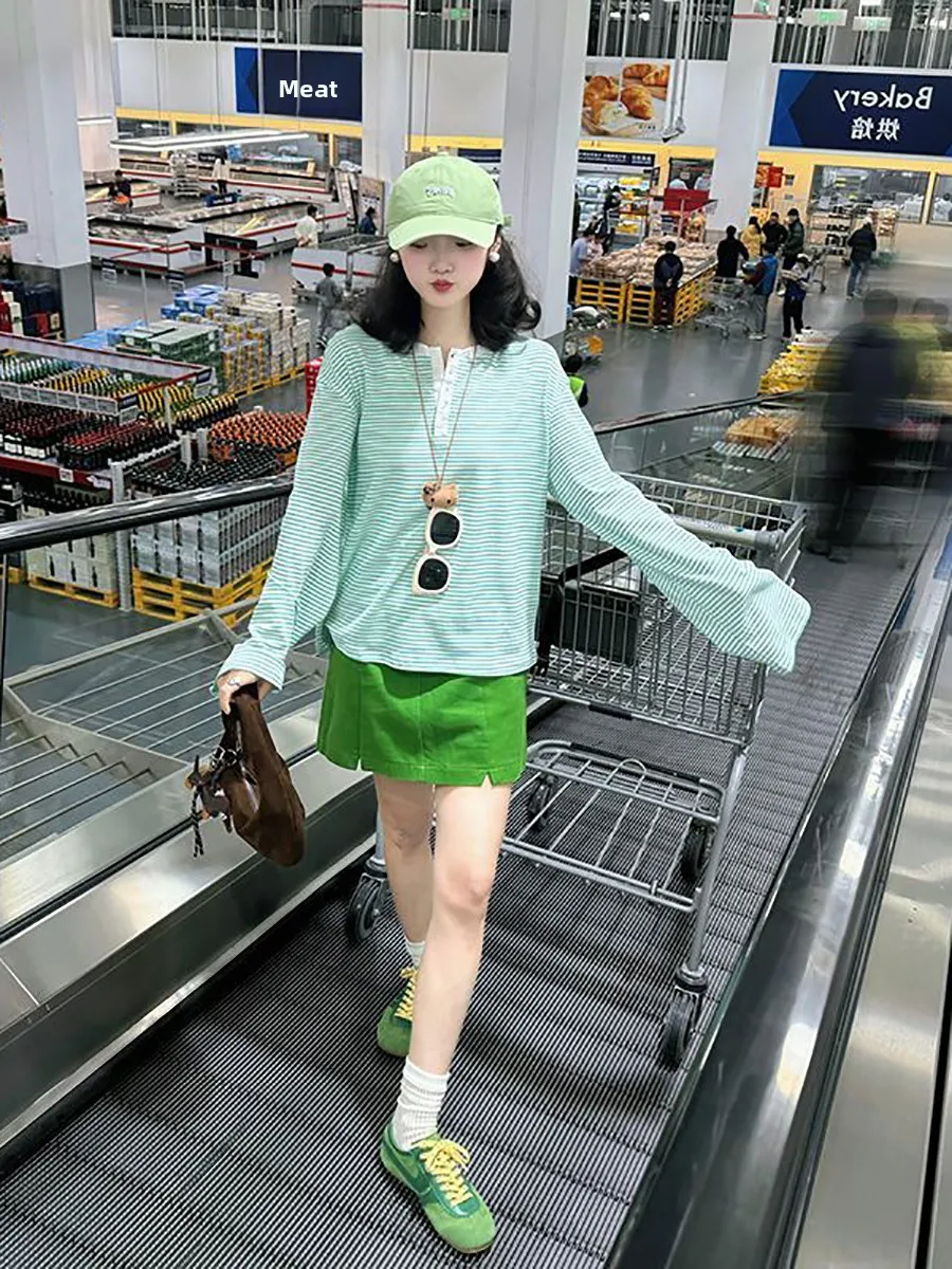 

Elegant Fashion Mint Green Striped Long Sleeve T-Shirt Women's Loose Fit Two-Piece Set with Short Skirt Breathable Springwear