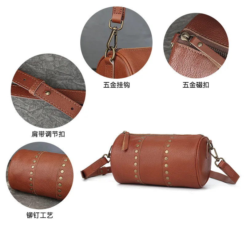 Genuine rivet cylinder bag vintage vegetated tanned head layer cofskin one shoulder diagonal span bag for men and women