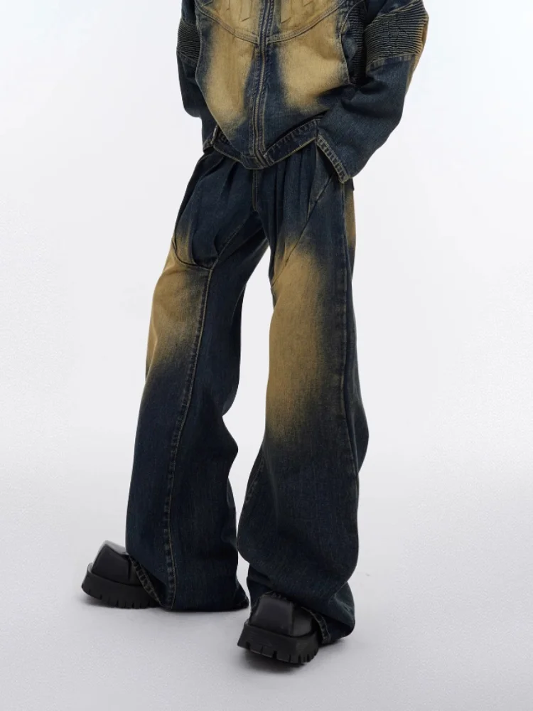 2026 Punk Y2K Stil Vintage Blaue Plissierte Baggy Jeans für Herren – Luxuriöse Straight-Leg Denim-Hose Pantalon Homme – Detail 9