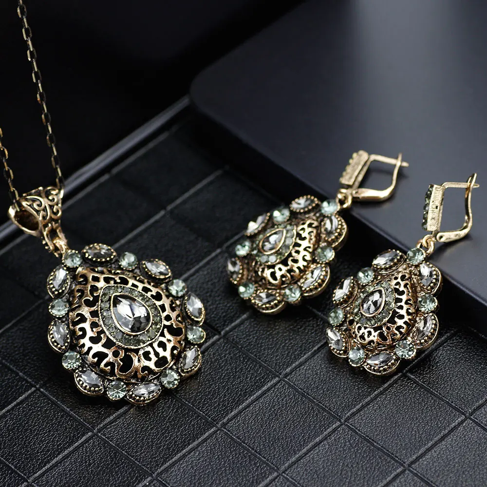 Neovisson Elegent Antique Turkish Bride Jewelry Sets Arabic Earring Necklace Round Crystal Vintage Indian Wedding Jewelry