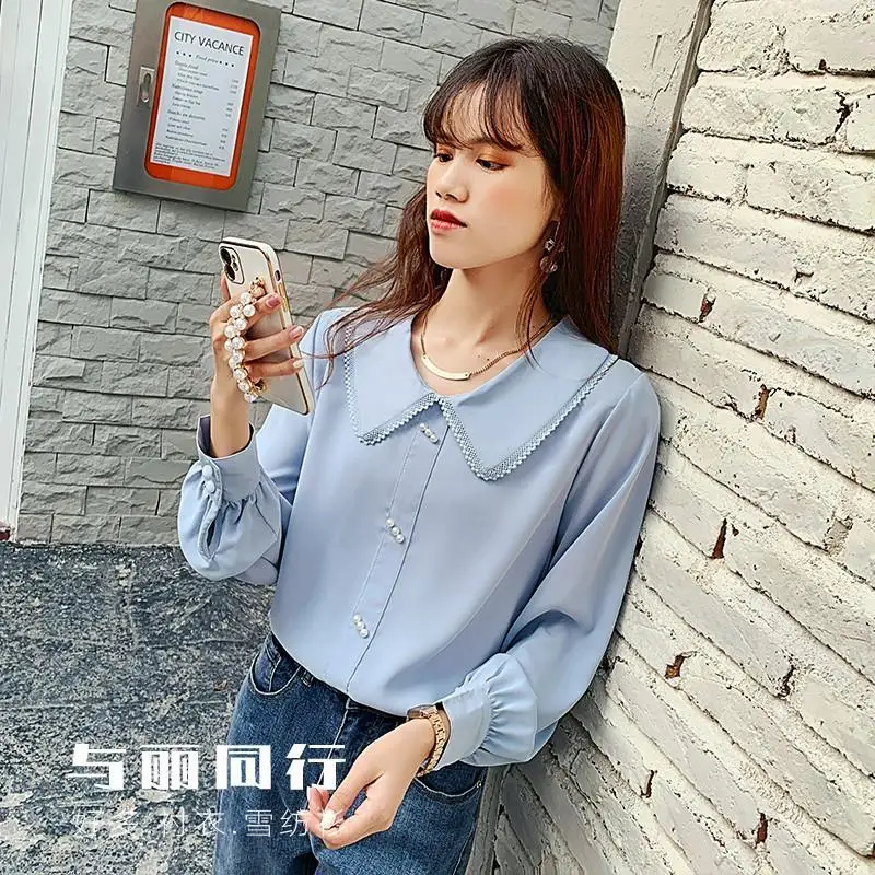 Spring Autumn New Fashion Doll Collar Long Sleeve Blouse Women High Street Casual Button Pullovers Vintage Elegant All-match Top