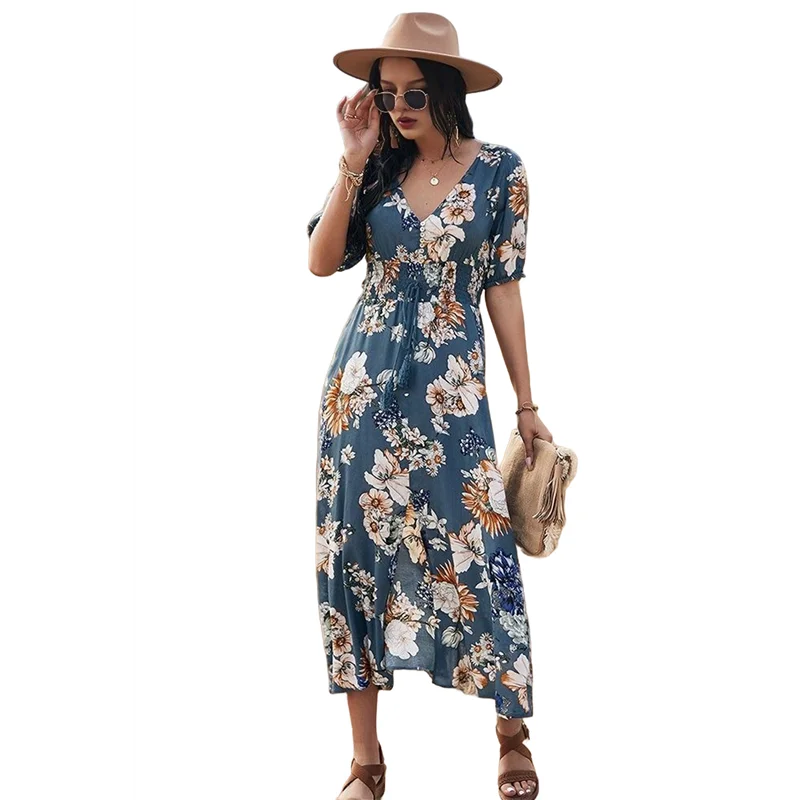 【SEE】レディース夏ルーズボヘミアン流れるラップVネック半袖花柄スリットビーチウェディングゲストロングマキシドレス