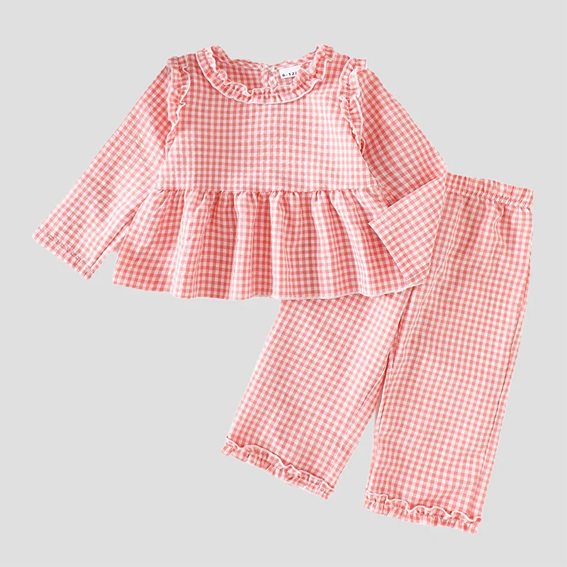 2025 Herfst pasgeboren babymeisjessets Vintage gingham geruite ruches met lange mouwen, top en broek, tweedelige set