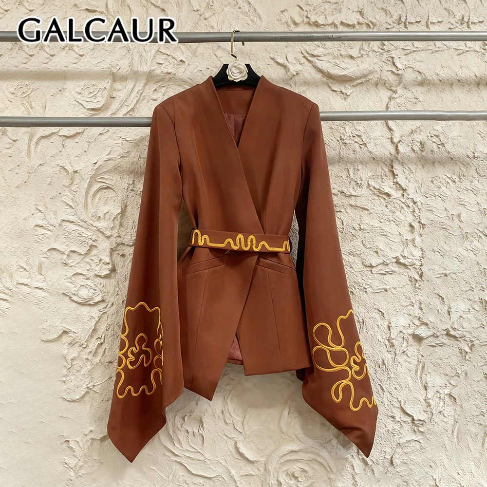 

GALCAUR коричневая шикарная куртка с вышивкой, женская куртка с v-образным вырезом и длинным рукавом для похудения, нерегулярный дизайн, осенняя мода