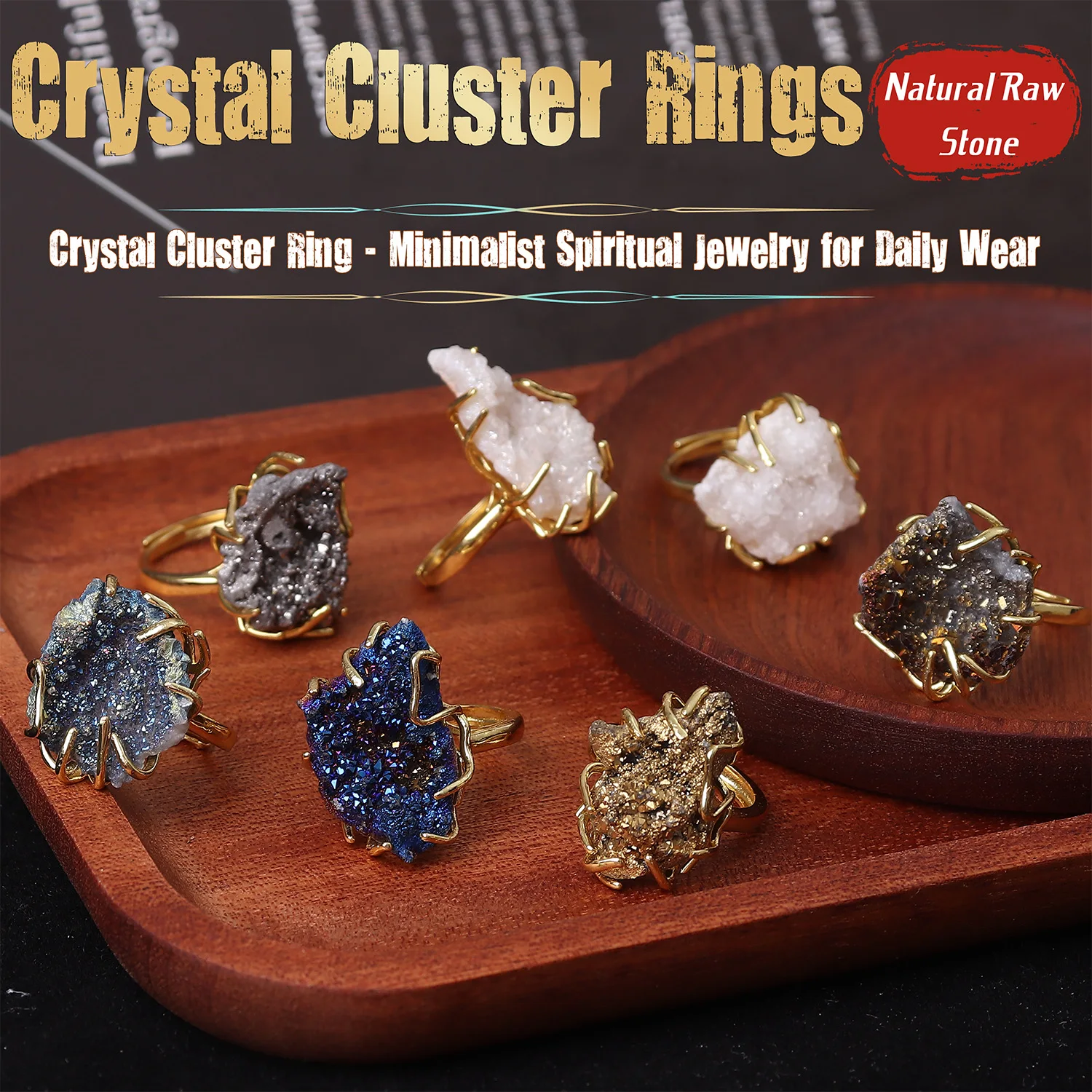

Natural Raw Stone Crystal Cluster Ring Light Luxury High-End Feel No Fading Index Finger Ring for Women Jewelry Accessory