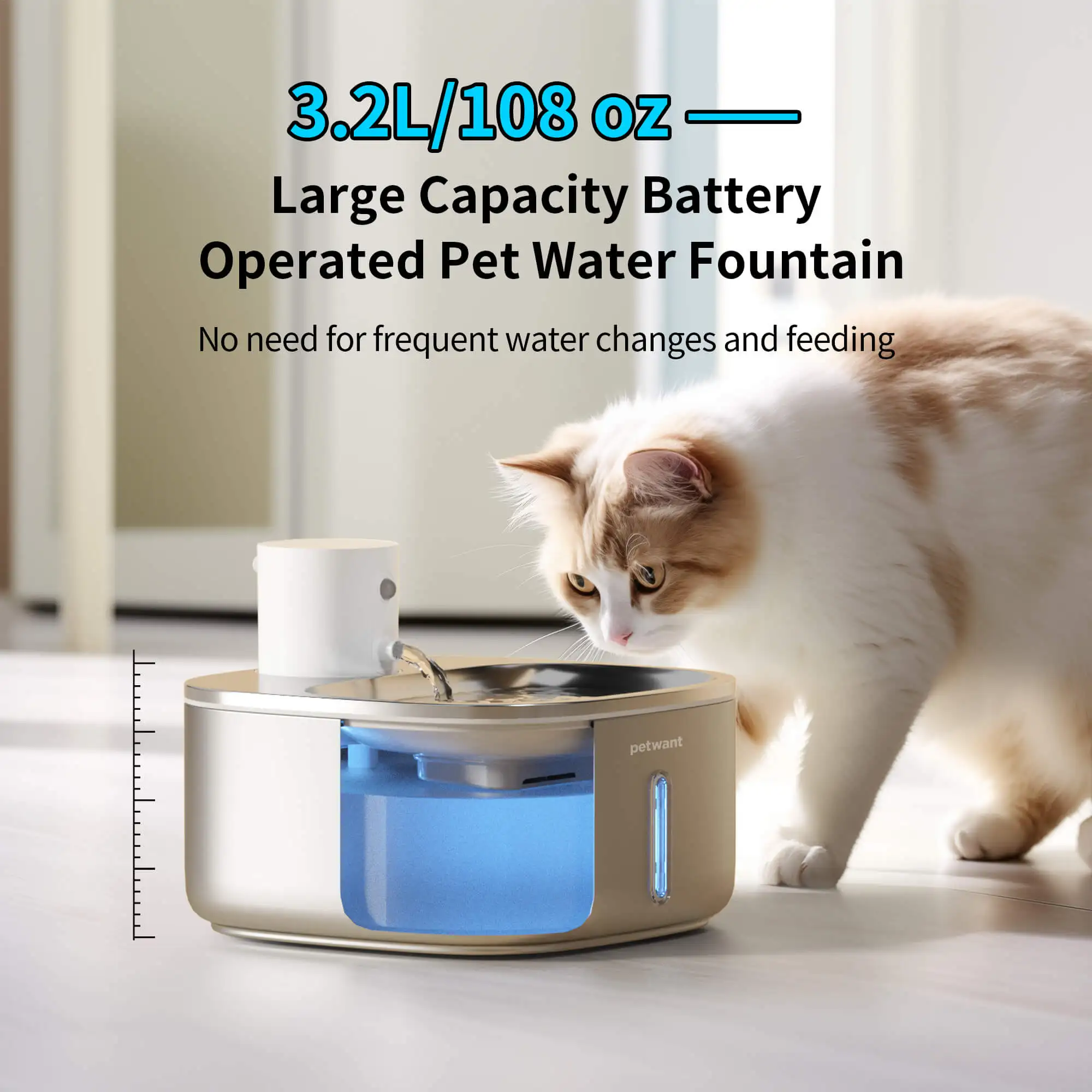 Petwant 3.2L Wireless Battery Operated Pet Water Dispenser 5000mA Infrared Sensor Stainless Steel Automatic Cat Water Fountain